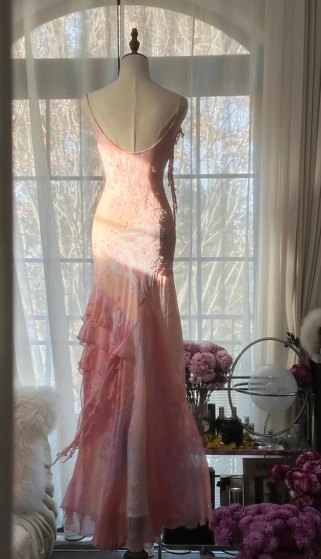 Fairytale Pink Mermaid Gown for Prom&Party-Vintage Spaghetti Strap Chiffon Beaded Backless Long Evening Dress  