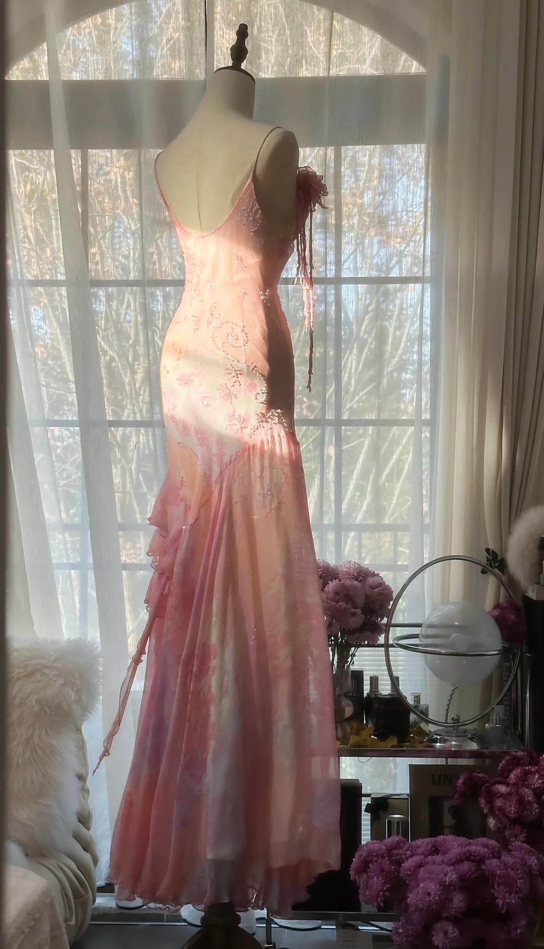 Fairytale Pink Mermaid Gown for Prom&Party-Vintage Spaghetti Strap Chiffon Beaded Backless Long Evening Dress 
