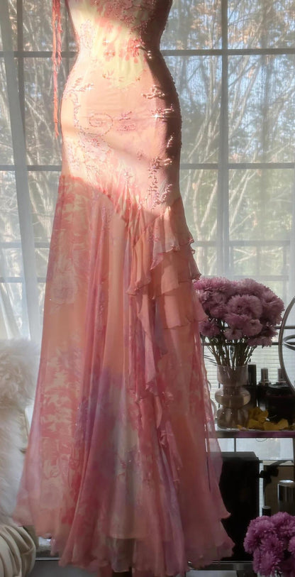 Fairytale Pink Mermaid Gown for Prom&Party-Vintage Spaghetti Strap Chiffon Beaded Backless Long Evening Dress 