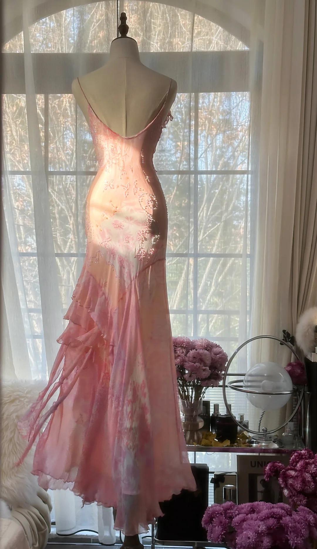 Fairytale Pink Mermaid Gown for Prom&Party-Vintage Spaghetti Strap Chiffon Beaded Backless Long Evening Dress  