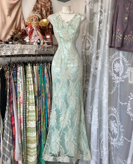 Robe de bal longue en satin et tulle à col en V style sirène vintage ED01691