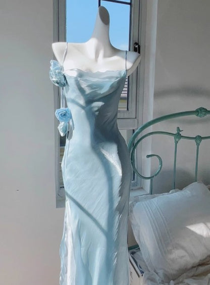 Gentle Blue Bodycon Dress Spaghetti Strap Chiffon Long Prom Dress Graduation Prom Dress ED01694