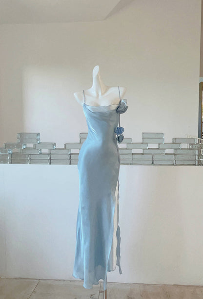 Gentle Blue Bodycon Dress Spaghetti Strap Chiffon Long Prom Dress Graduation Prom Dress ED01694