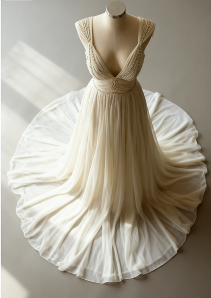 Robe de bal longue en mousseline de soie, coupe trapèze, col en V, perles, blanc cassé, robe de mariée simple, robe de demoiselle d'honneur, ED01696