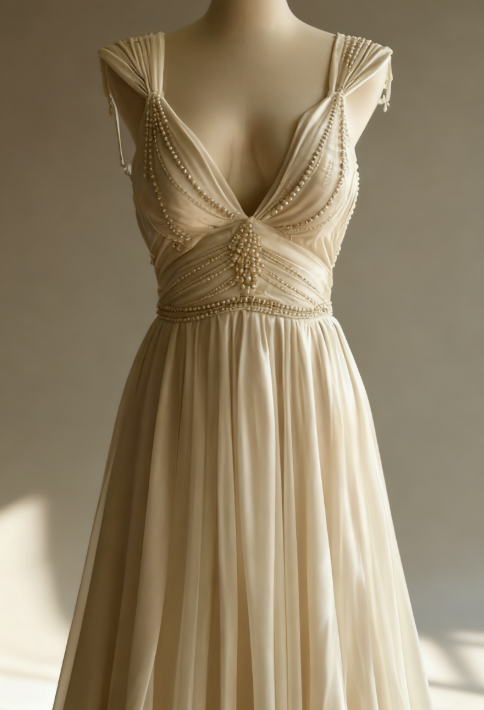 Off-White A-Line V-neck Chiffon Beaded Long Prom Dress Simple Wedding Dress Bridesmaid Dress ED01696