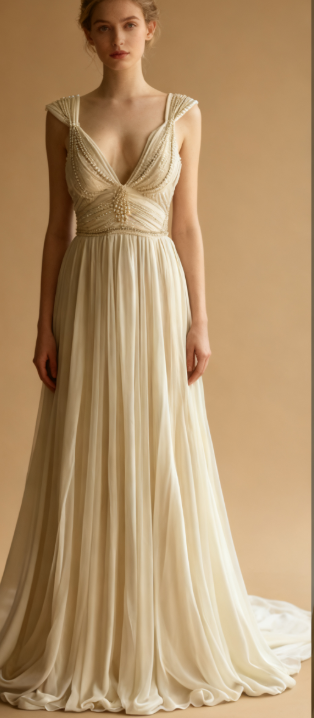 Robe de bal longue en mousseline de soie, coupe trapèze, col en V, perles, blanc cassé, robe de mariée simple, robe de demoiselle d'honneur, ED01696