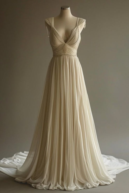 Off-White A-Line V-neck Chiffon Beaded Long Prom Dress Simple Wedding Dress Bridesmaid Dress
