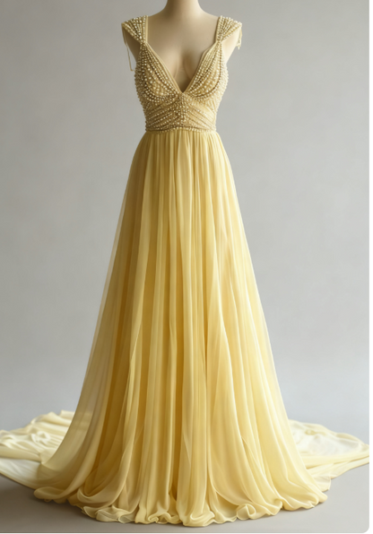 Off-White A-Line V-neck Chiffon Beaded Long Prom Dress Simple Wedding Dress Bridesmaid Dress ED01696