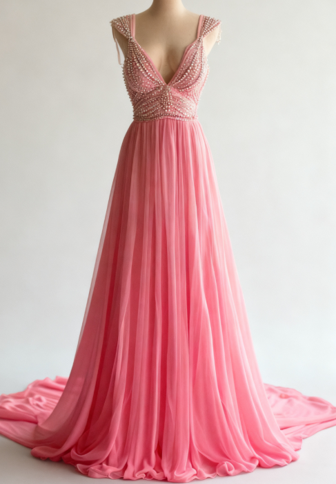 Off-White A-Line V-neck Chiffon Beaded Long Prom Dress Simple Wedding Dress Bridesmaid Dress ED01696