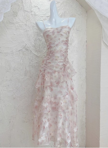 Robe longue à bretelles en mousseline de soie à fleurs françaises ED01699