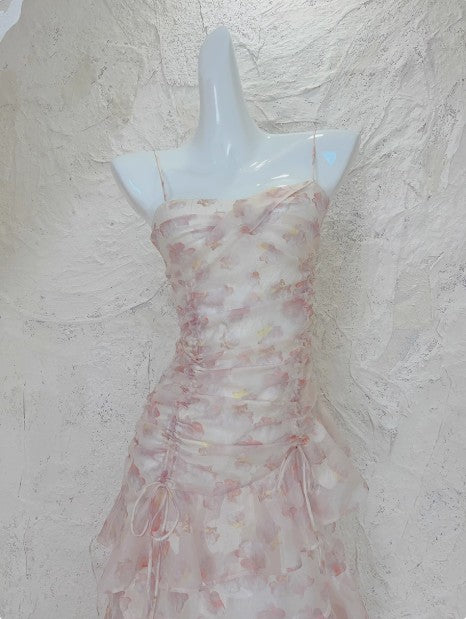 Robe longue à bretelles en mousseline de soie à fleurs françaises ED01699