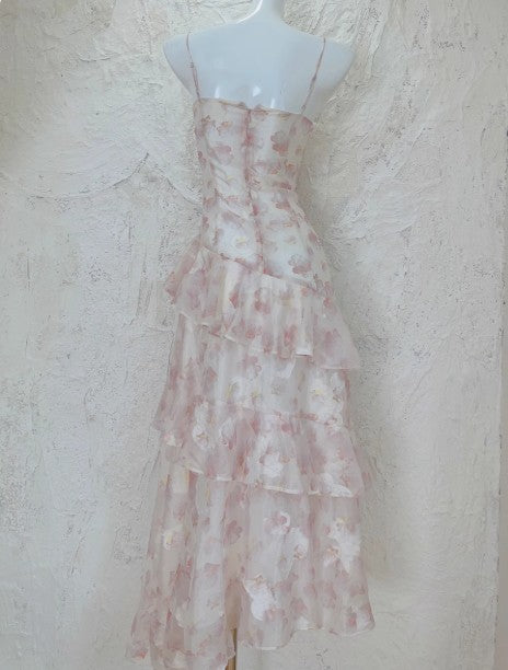 Robe longue à bretelles en mousseline de soie à fleurs françaises ED01699
