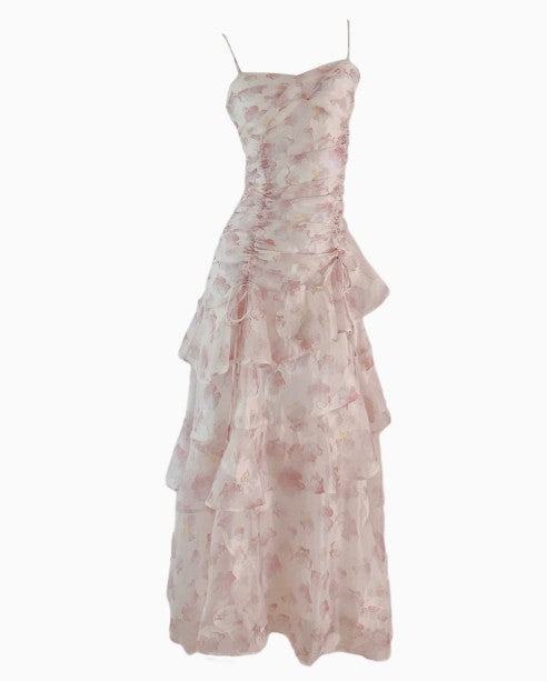 Robe longue à bretelles en mousseline de soie à fleurs françaises ED01699