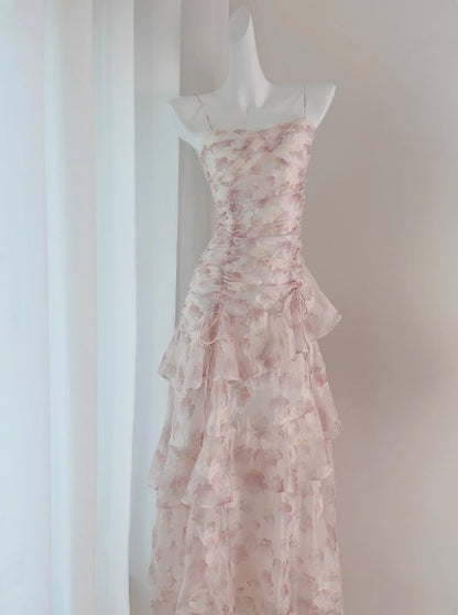 Robe longue à bretelles en mousseline de soie à fleurs françaises ED01699