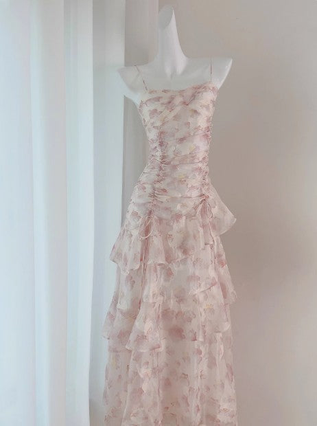 Robe longue à bretelles en mousseline de soie à fleurs françaises ED01699