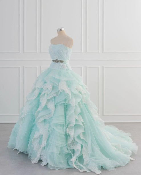Robe de bal longue bleu clair en tulle et dentelle, coupe trapèze, sans bretelles, style vintage, ED01700