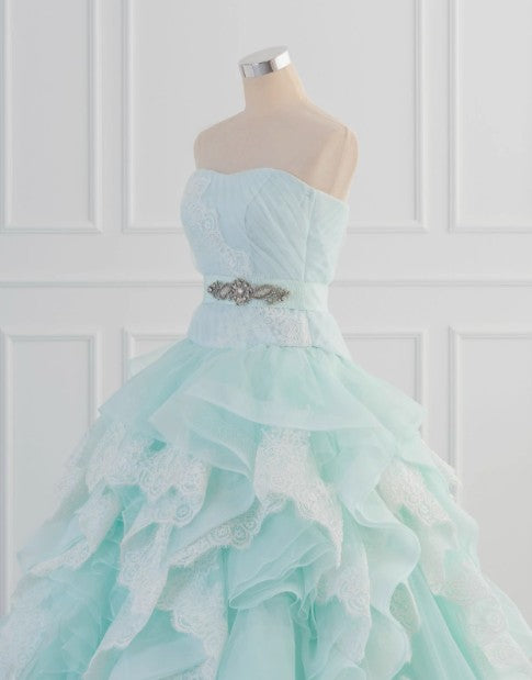 Robe de bal longue bleu clair en tulle et dentelle, coupe trapèze, sans bretelles, style vintage, ED01700