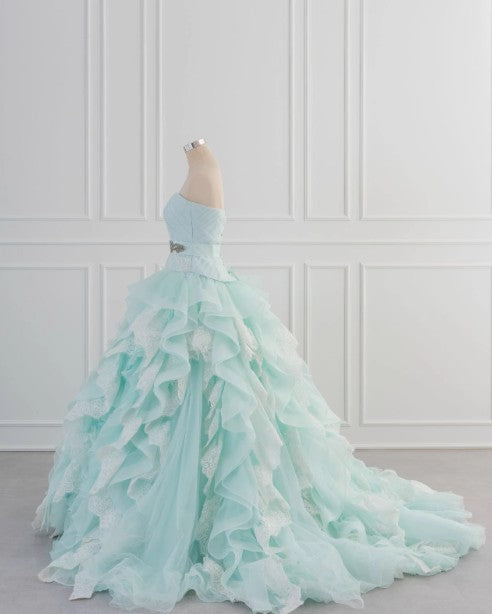 Robe de bal longue bleu clair en tulle et dentelle, coupe trapèze, sans bretelles, style vintage, ED01700