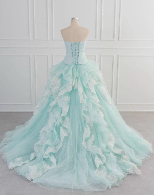 Robe de bal longue bleu clair en tulle et dentelle, coupe trapèze, sans bretelles, style vintage, ED01700