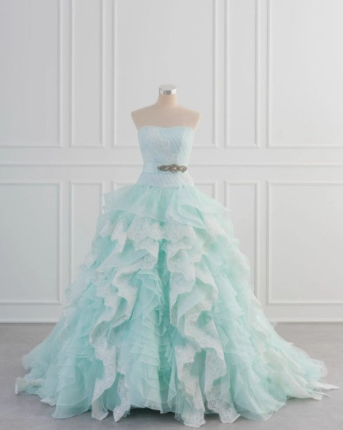Robe de bal longue bleu clair en tulle et dentelle, coupe trapèze, sans bretelles, style vintage, ED01700