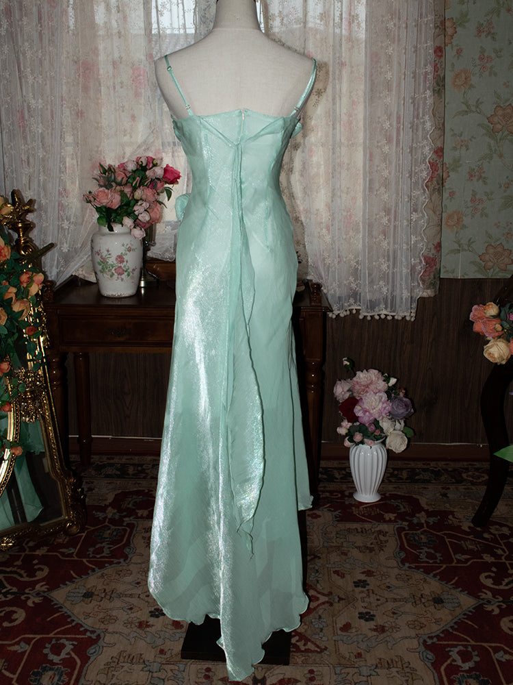 Robe de bal longue en mousseline de soie à bretelles spaghetti vintage couleur menthe ED01701