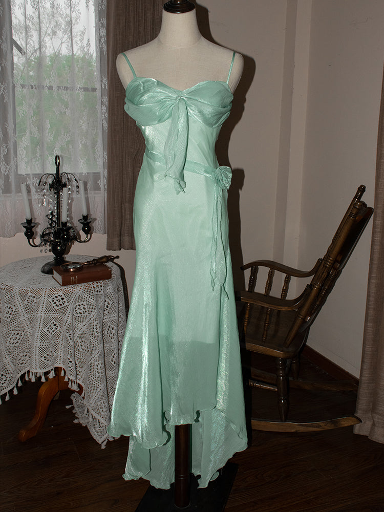Robe de bal longue en mousseline de soie à bretelles spaghetti vintage couleur menthe ED01701