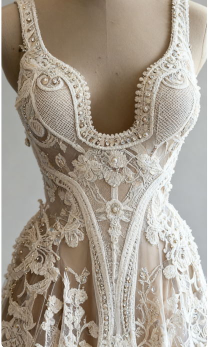 Champagne Vintage A-Line Spaghetti Strap Lace Tulle Long Prom Dress Wedding Dress ED01702