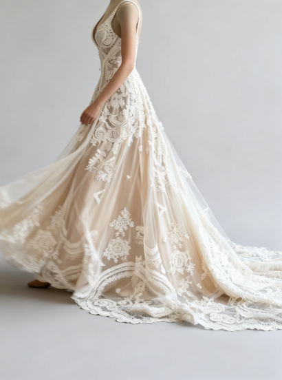 Champagne Vintage A-Line Spaghetti Strap Lace Tulle Long Prom Dress Wedding Dress ED01702