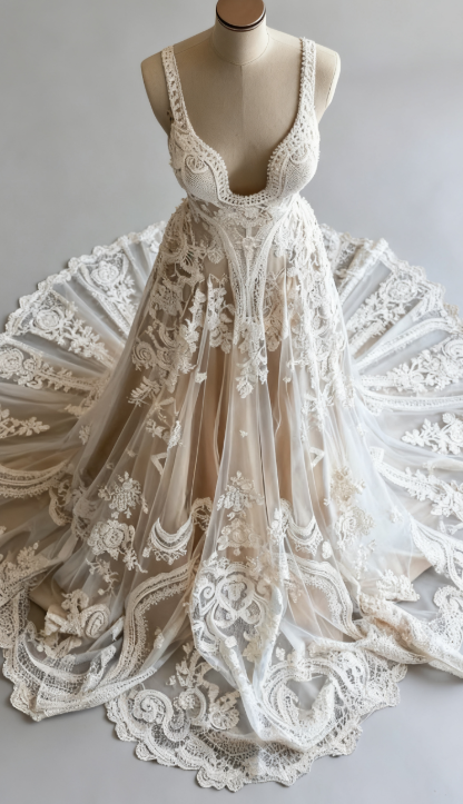 Champagne Vintage A-Line Spaghetti Strap Lace Tulle Long Prom Dress Wedding Dress ED01702