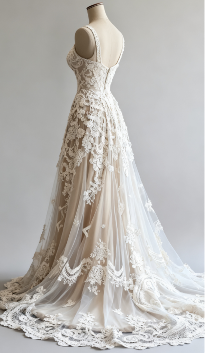 Champagne Vintage A-Line Spaghetti Strap Lace Tulle Long Prom Dress Wedding Dress ED01702