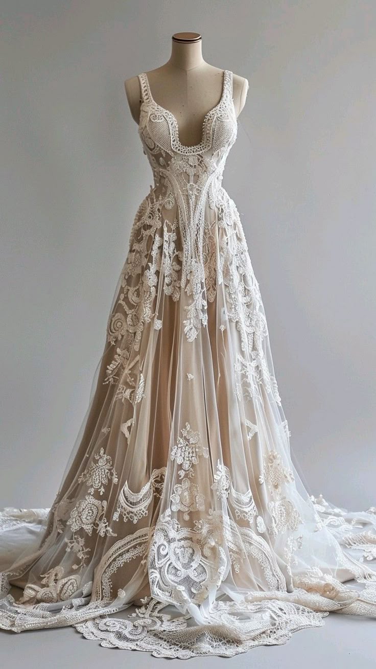 Long A-Line Spaghetti Straps Lace Tulle Open Back Prom Dress