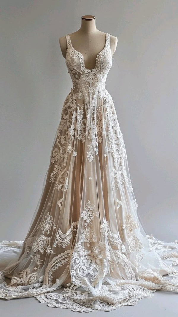 Chic A Line Spaghetti Straps Lace Tulle Prom Dress LBQ0440 main image 1
