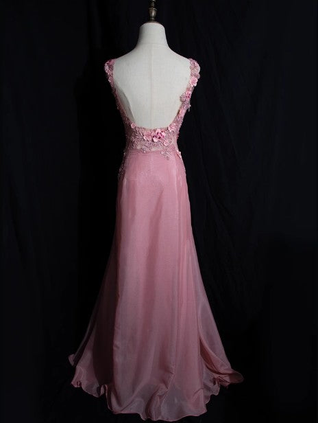 Grau Rosa Retro Meerjungfrau V-Ausschnitt Chiffon Perlen Langes Ballkleid Süßes Applique Geburtstagskleid ED01705