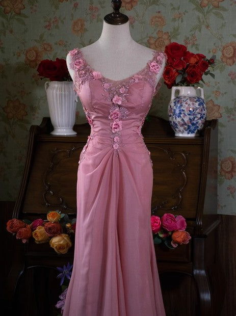 Grau Rosa Retro Meerjungfrau V-Ausschnitt Chiffon Perlen Langes Ballkleid Süßes Applique Geburtstagskleid ED01705