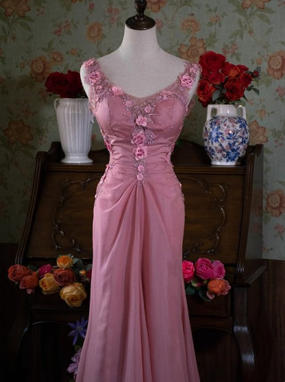 Grau Rosa Retro Meerjungfrau V-Ausschnitt Chiffon Perlen Langes Ballkleid Süßes Applique Geburtstagskleid ED01705