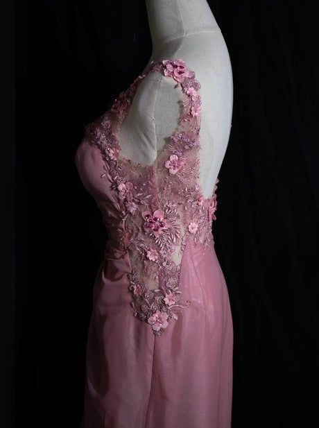 Grau Rosa Retro Meerjungfrau V-Ausschnitt Chiffon Perlen Langes Ballkleid Süßes Applique Geburtstagskleid ED01705