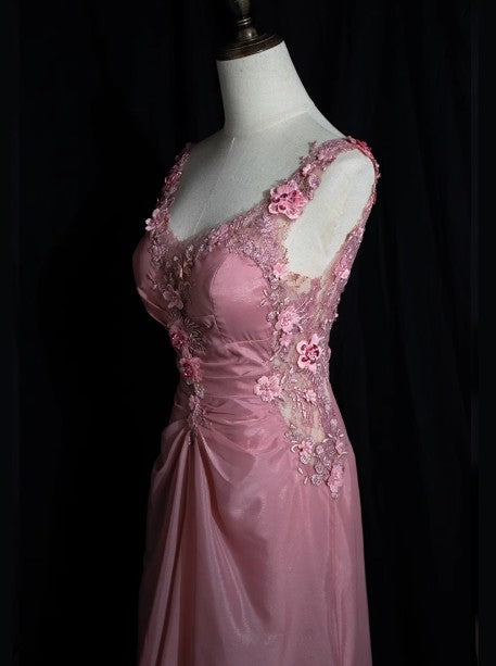 Grau Rosa Retro Meerjungfrau V-Ausschnitt Chiffon Perlen Langes Ballkleid Süßes Applique Geburtstagskleid ED01705