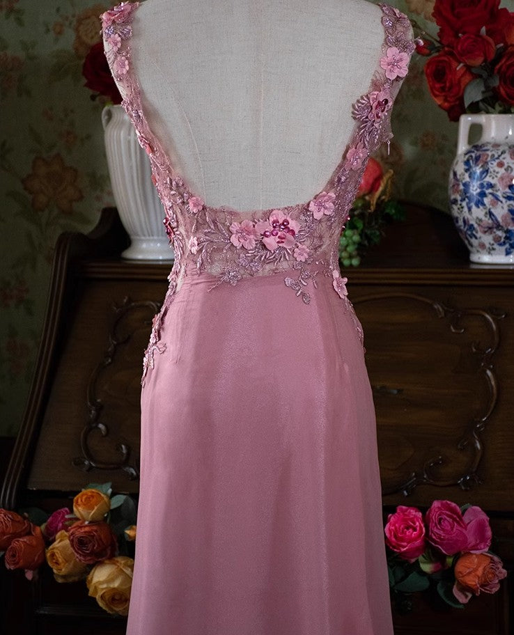 Grau Rosa Retro Meerjungfrau V-Ausschnitt Chiffon Perlen Langes Ballkleid Süßes Applique Geburtstagskleid ED01705