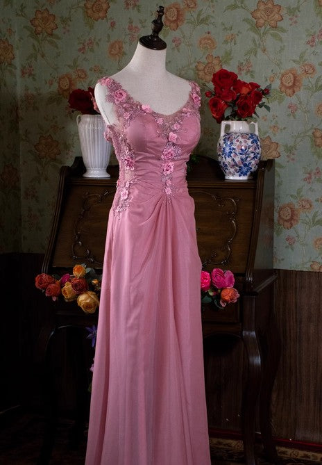 Grau Rosa Retro Meerjungfrau V-Ausschnitt Chiffon Perlen Langes Ballkleid Süßes Applique Geburtstagskleid ED01705