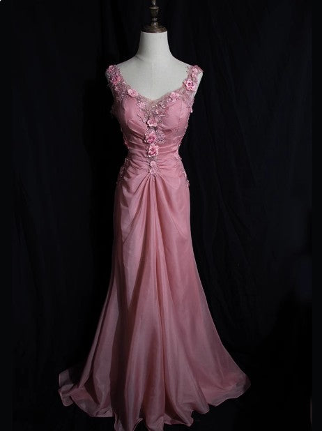 Robe de bal longue en mousseline de soie, style rétro, style sirène, col en V, avec perles, gris et rose, avec appliques, pour anniversaire, ED01705