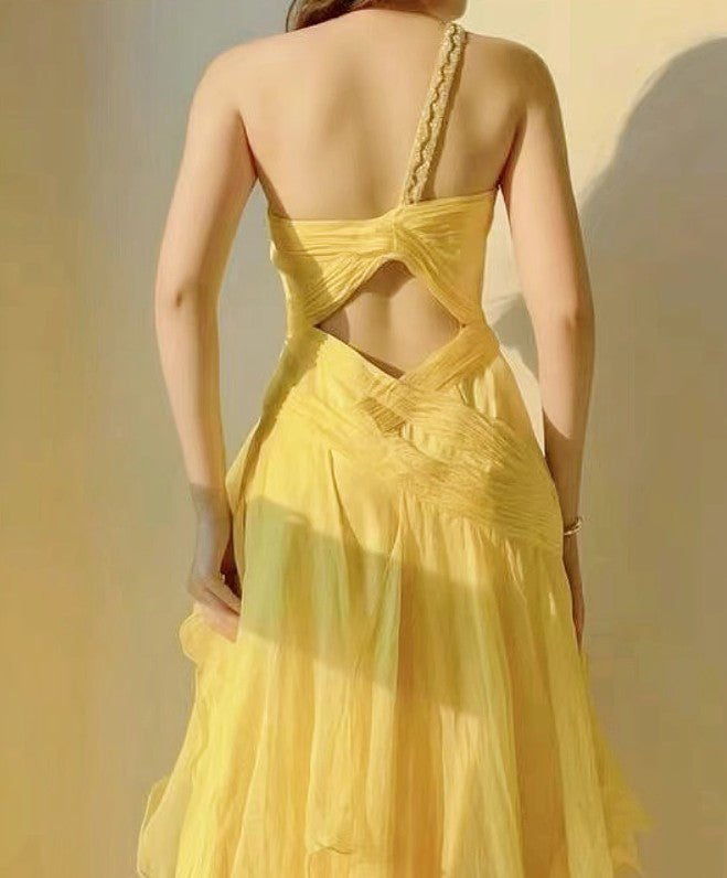 Robe de bal longue jaune en mousseline de soie, asymétrique, coupe trapèze, à volants, à volants, pour anniversaire, ED01706