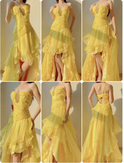 Robe de bal longue jaune en mousseline de soie, asymétrique, coupe trapèze, à volants, à volants, pour anniversaire, ED01706