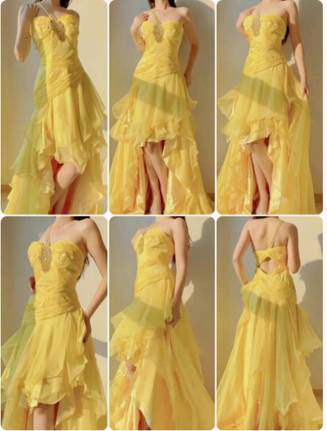Robe de bal longue jaune en mousseline de soie, asymétrique, coupe trapèze, à volants, à volants, pour anniversaire, ED01706