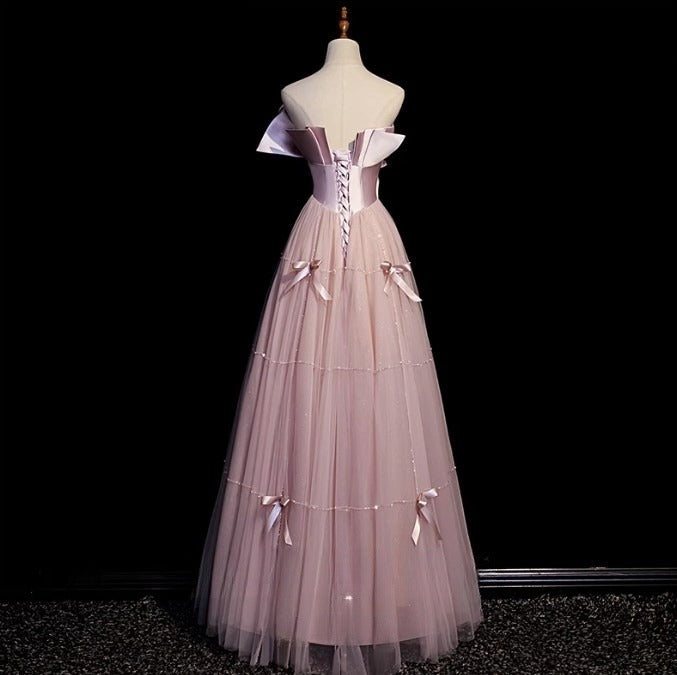 Pink A-Line Strapless Satin Tulle Long Prom Dress Graduation Prom Birthday Dress ED01708