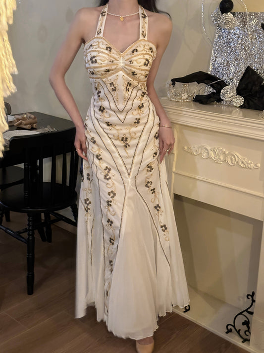 Meerjungfrau Neckholder Tüll Perlen Vintage Langes Ballkleid Geburtstagskleid ED01710