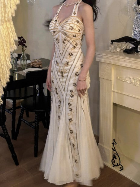 Meerjungfrau Neckholder Tüll Perlen Vintage Langes Ballkleid Geburtstagskleid ED01710