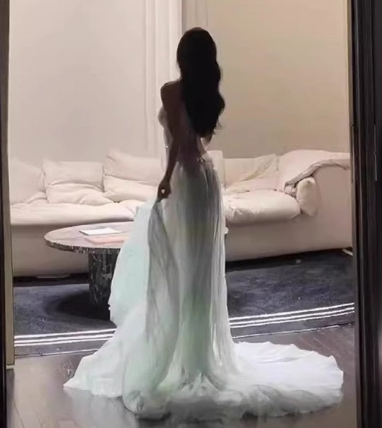 Robe de bal longue en tulle pailleté, coupe trapèze, sans bretelles, pour adulte, ED01716