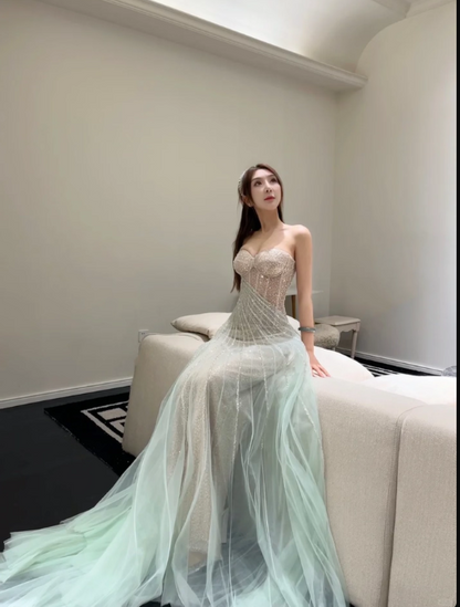 Gentle A-Line Sequined Tulle Strapless Long Prom Dress Adult Ceremony Prom Dress ED01716