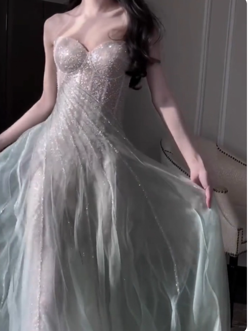 Gentle A-Line Sequined Tulle Strapless Long Prom Dress Adult Ceremony Prom Dress ED01716