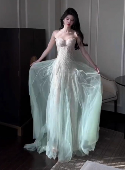 Gentle A-Line Sequined Tulle Strapless Long Prom Dress Adult Ceremony Prom Dress ED01716